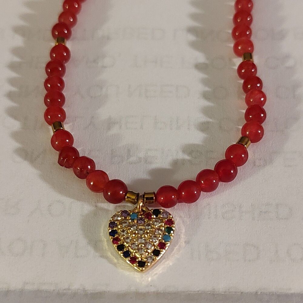 VTG Inspired Fuchsia Natural Gemstone Multicolor Crystal Heart 16" Necklace